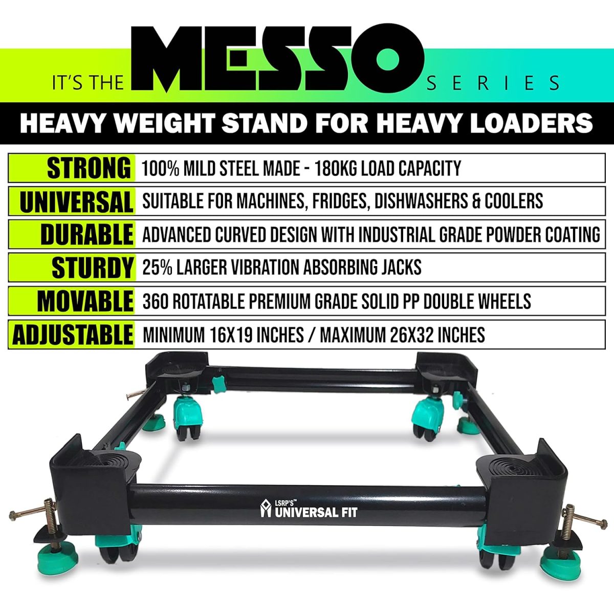 LSRP'S Universal Fit 100% Heavy Metal Made - Adjustable All Sides Fully Automatic Top Load Washing Machine Stand 9kg Front Load (6kg - 10kg Capacity Machine) with Washing Machine Bush For Grip - Black - Image 2