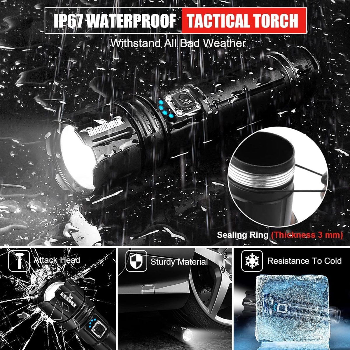 Shadowhawk Flash Light Led Torch, 20000 Lumens Flashlight Bright Light Torch, XHP70.2 Hand Torch Light Rechargeable USB Tactical, Waterproof Portable Torch Light for Trekking Hunting Emergency - Image 6