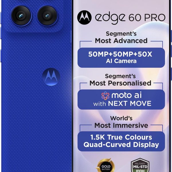 Motorola Edge 60 Pro 5G (Pantone Dazzling Blue, 8GB RAM, 256GB Storage) | 6.7" Display | 50MP+50MP+10MP | 50MP Front | Dimensity 8350 | 6000mAh | 90W & 15W Wireless Charging | IP68/IP69 Rated