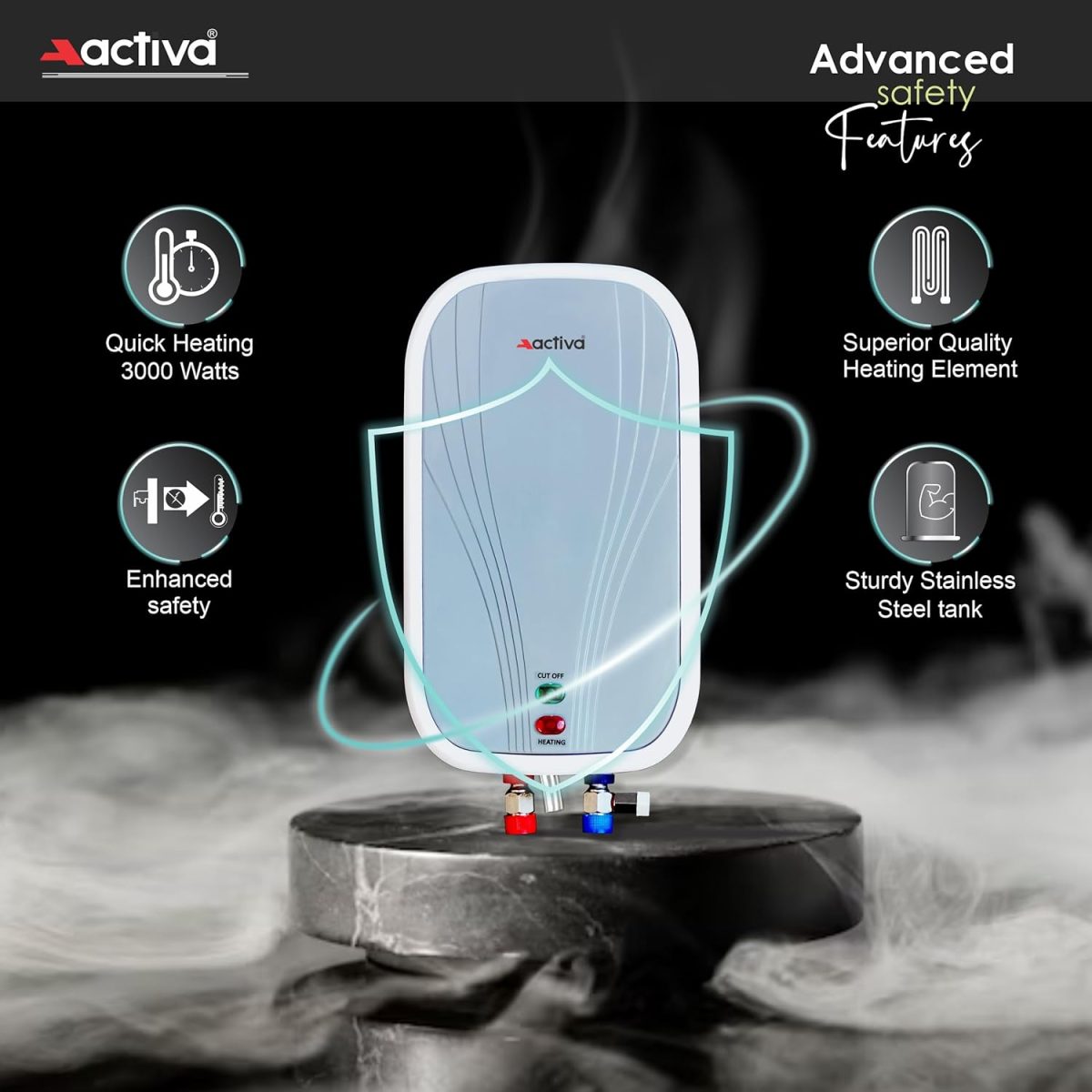 Activa 3 Liters Volcano Quick Water Heater Geyser, 3 KVA ISI Cooper Element, 0.8mm Anti Rust Coated 304L Pure Stainless Steel Tank, Auto Cut-Off, ABS Body, BEE 5 Start Rated Come with 5 Years Warranty - Image 2