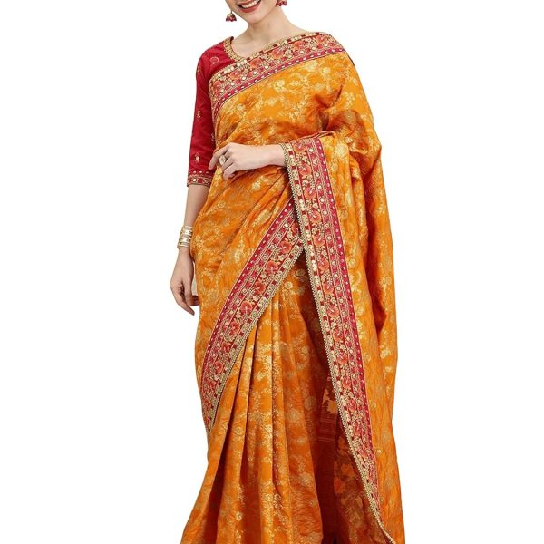 TRENDMALLS Women's Pure Silk Embroidery Work Saree with Unstitch Blouse Piece