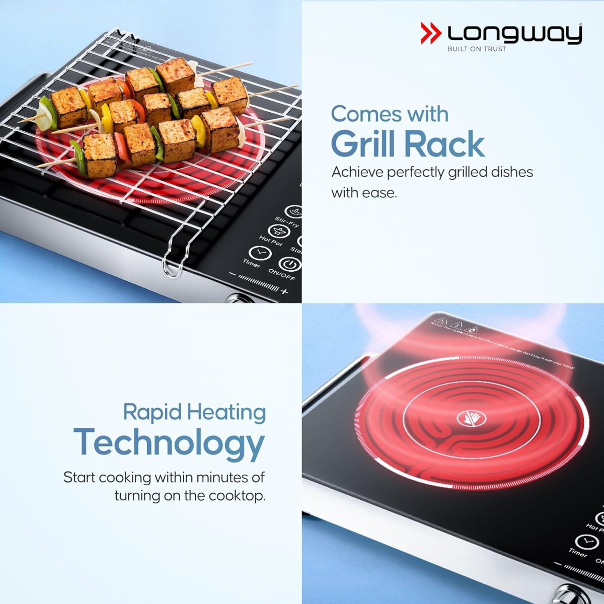 Longway Infralite Pro ICT 2200 W Infrared Induction Cooktop with Free Stainless Steel Grill | Auto Shut Off & Overheat Protection (Black, Touch Control) - Image 6