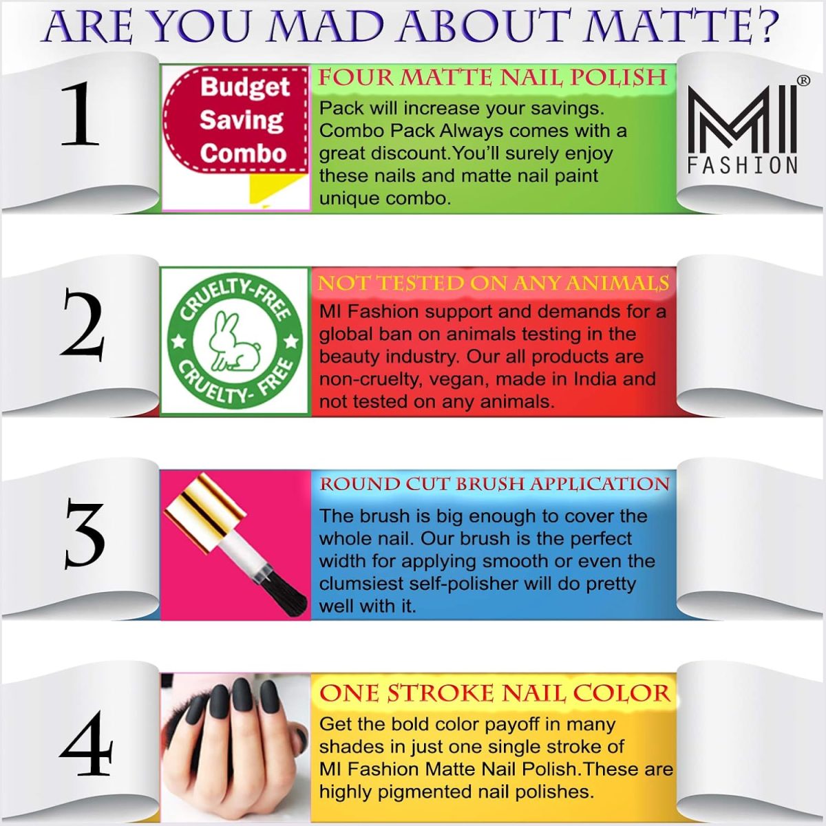 MI FASHION Smooth Matte Nail Polish Set of 4 Pcs Combo Multicolor 9.9ml each - Green, Grey, Blue, Black Nail Paints - Image 4