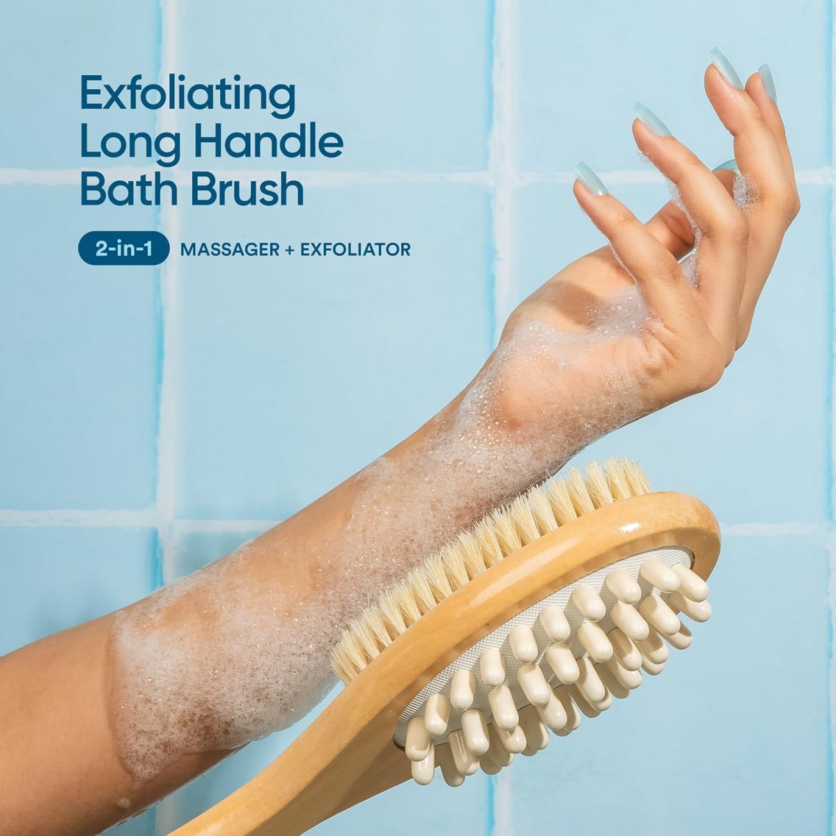 Bloom 2-in-1 Long Handle Body Brush | For Skin Exfoliation and Massage | Reduces Cellulite | Stimulates Blood Circulation & Reduces Dead Skin Cells | Natural, Soft Bristles | (1 unit) - Image 2
