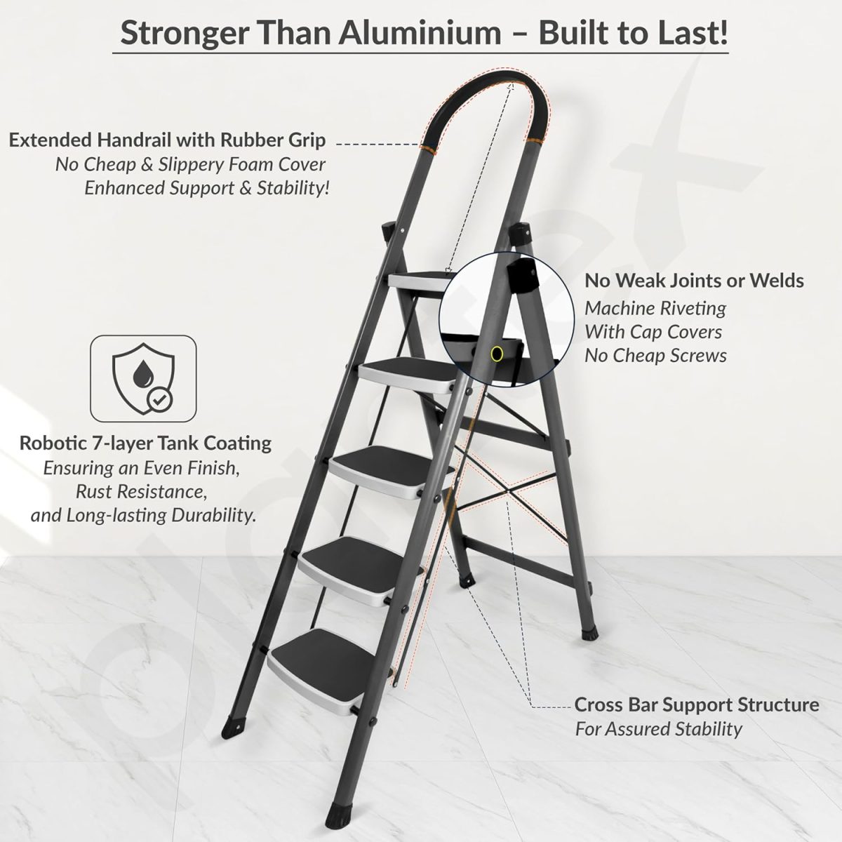 Plantex 5 Step Ladder - Foldable Steel -Wide Anti Skid Steps - 5 Year Manufacturer Warranty(Gray & White) - Image 4
