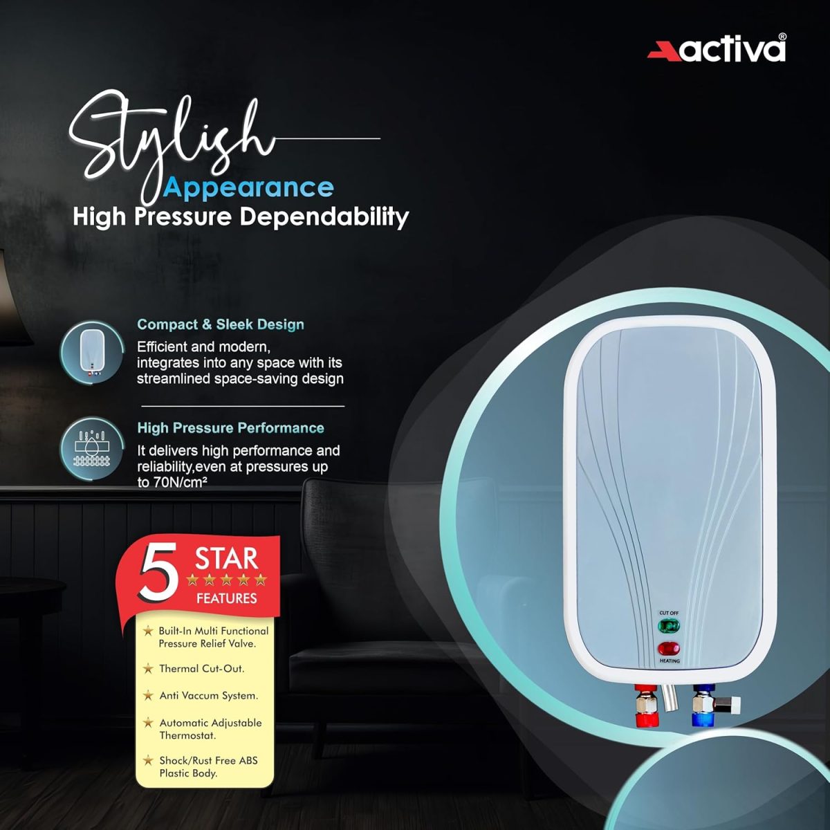 Activa 3 Liters Volcano Quick Water Heater Geyser, 3 KVA ISI Cooper Element, 0.8mm Anti Rust Coated 304L Pure Stainless Steel Tank, Auto Cut-Off, ABS Body, BEE 5 Start Rated Come with 5 Years Warranty - Image 6