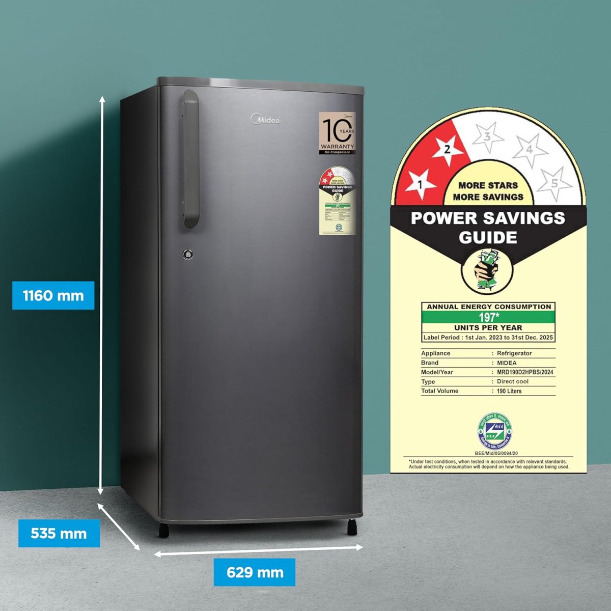 Midea 190 L 2 Star Direct Cool Refrigerator (MRD190D2HPBS, Silver, Hairline, 2025 Model) - Image 3