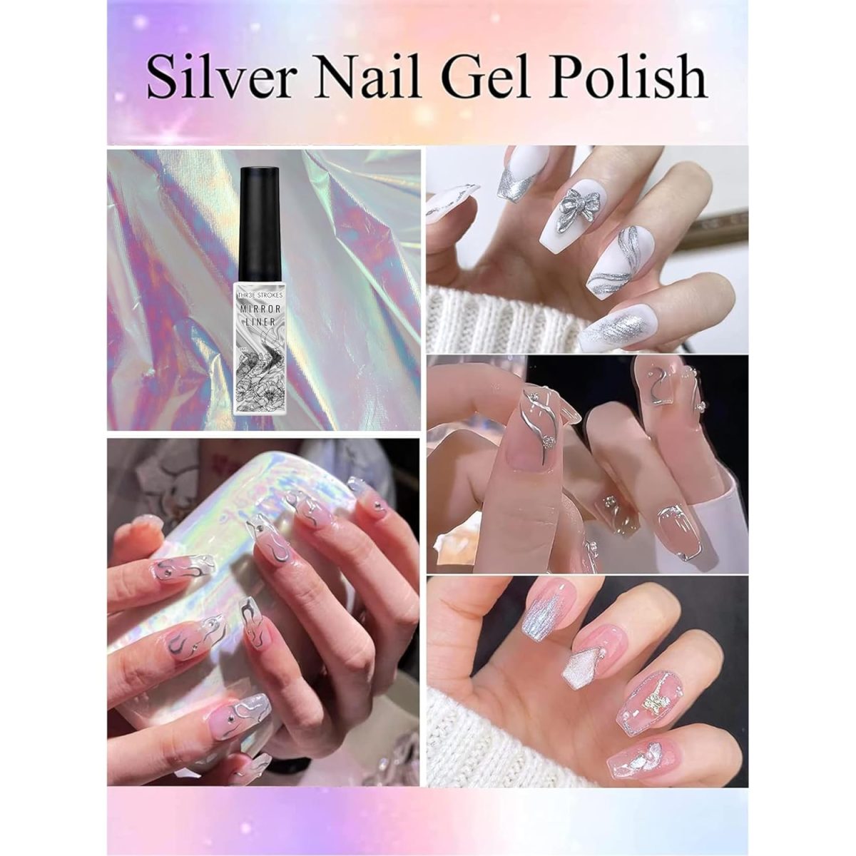 THR3E STROKES Metallic Gel Nail Polish - 3D Gold Silver Art Painting Liner for Home Salon Design (Need UV Light) (Set of 3) - Image 4