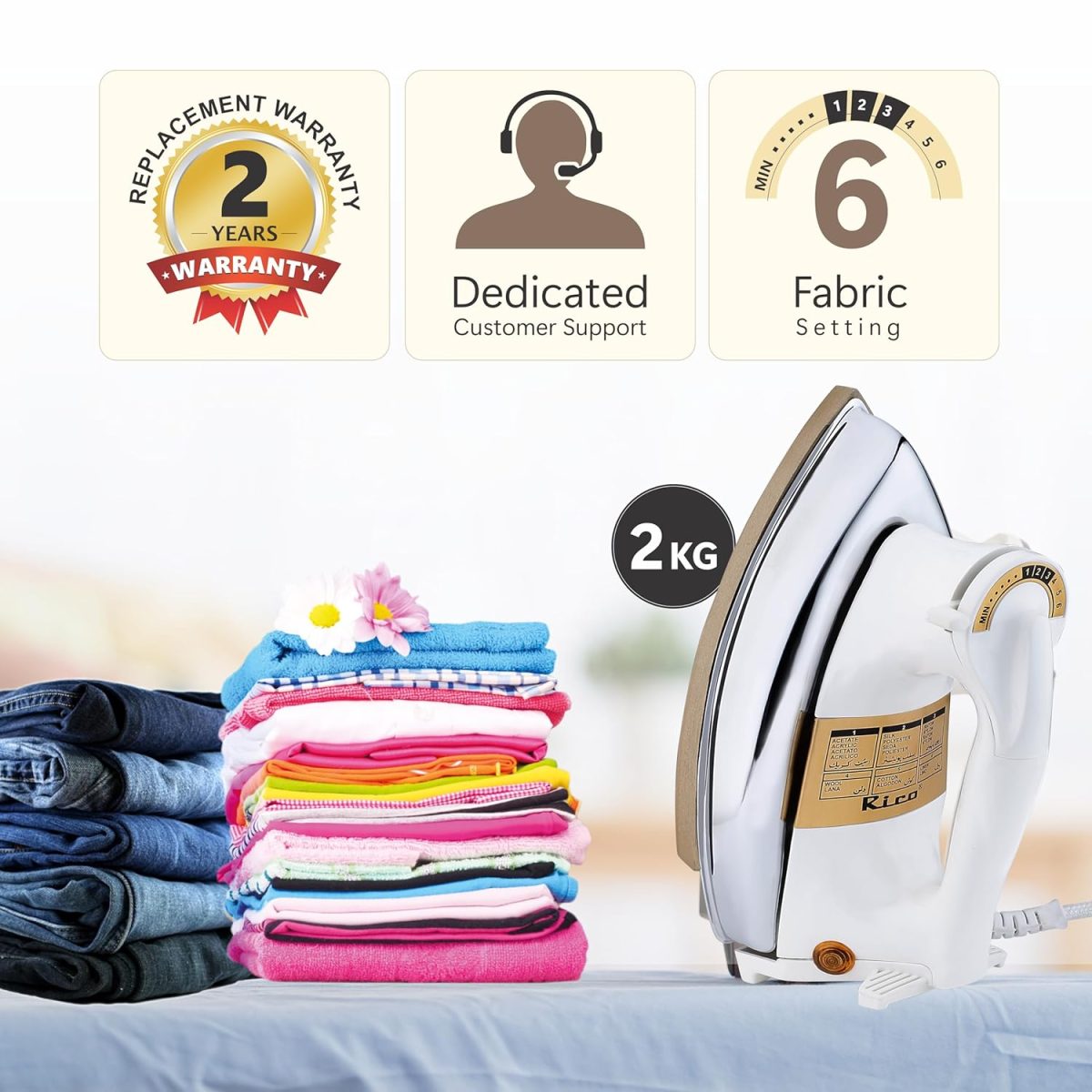 Rico 1000W 2KG Heavy Weight Dry Iron With 2 Years Replacement Warranty | Japanese Quick Heat Technology with Advance Sole Plate Iron Press | Shock Proof Iron Box for Clothes | Made In India - AI13 - Image 2