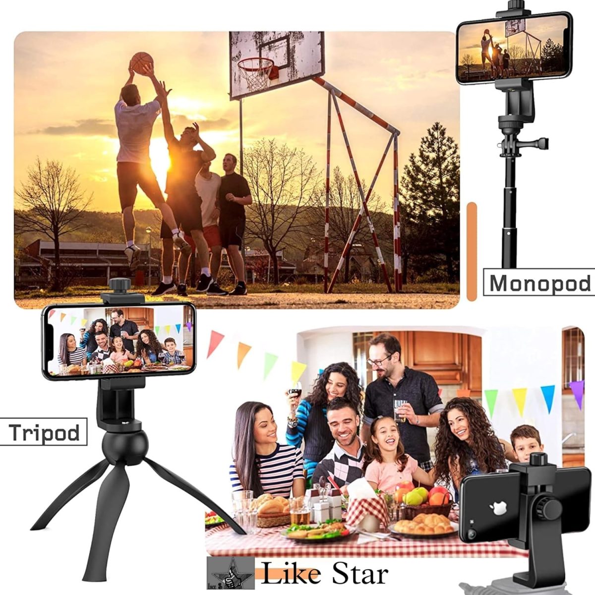 Like Star 360° Degree Mobile Phone Holder with Universal 1/4 Screw Adjustable Clamp Mobile Tripod Mount Adapter Compatible with Smartphones & TripodsnSelfie Stick (Black) - Image 7