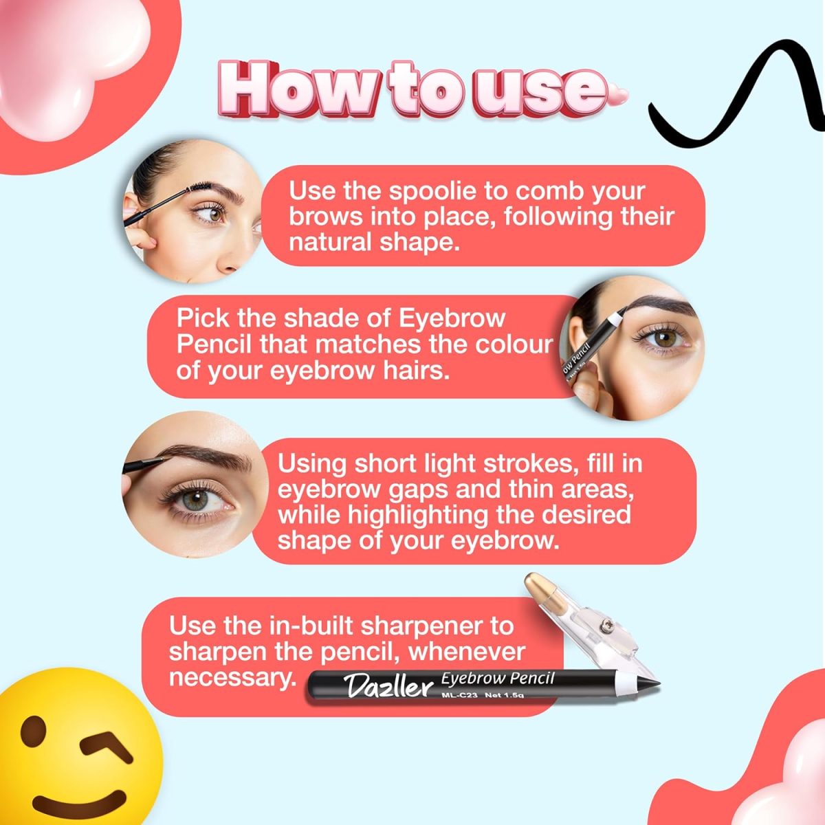 Dazller Eyebrow Pencil with Sharpener|Water-Resistant|Long Stay|Creamy Wax Formula|Infused with Carnauba & Castor Oil|Brown-2|Pack of 6|9g - Image 5