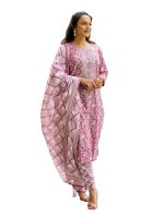MIRCHI FASHION Women's Straight Fit Pure Cotton Mix Floral Printed Embelished Kurta Set with Dupatta and Trouser