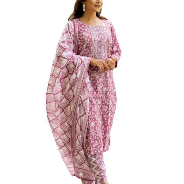 MIRCHI FASHION Women's Straight Fit Pure Cotton Mix Floral Printed Embelished Kurta Set with Dupatta and Trouser