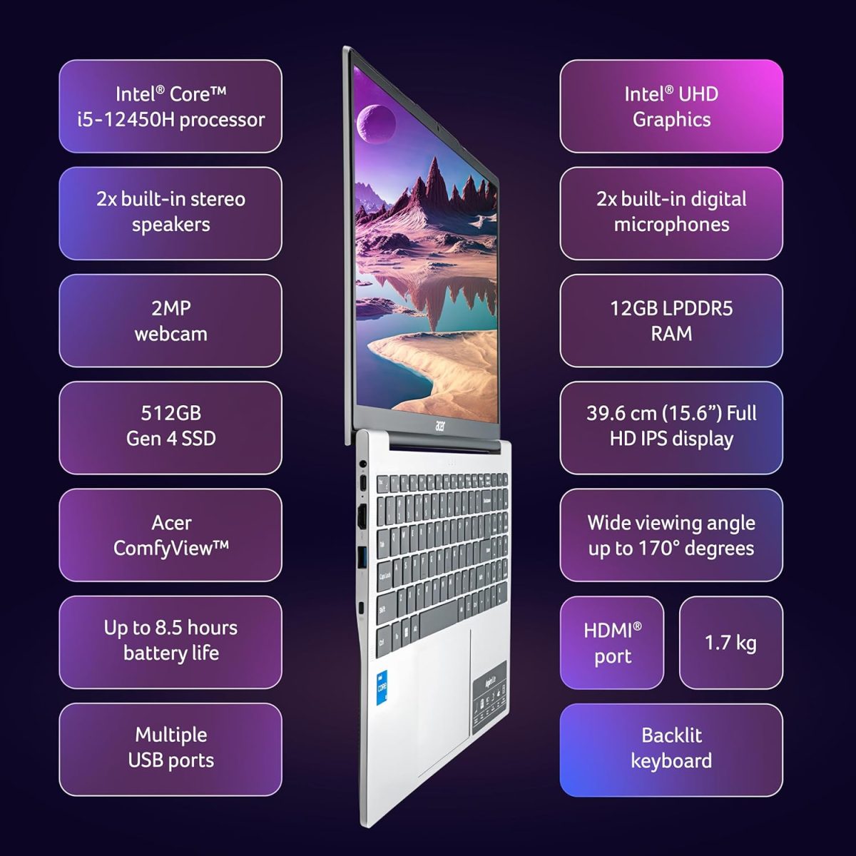 Acer Aspire Lite 12th Gen Intel Core i5-12450H Thin and Light Laptop (Windows11Home/16GB RAM/512GB SSD) AL15-52H, 39.62cm (15.6") IPS Full HD, Backlit Keyboard, Pure Silver, 1.7KG - Image 10