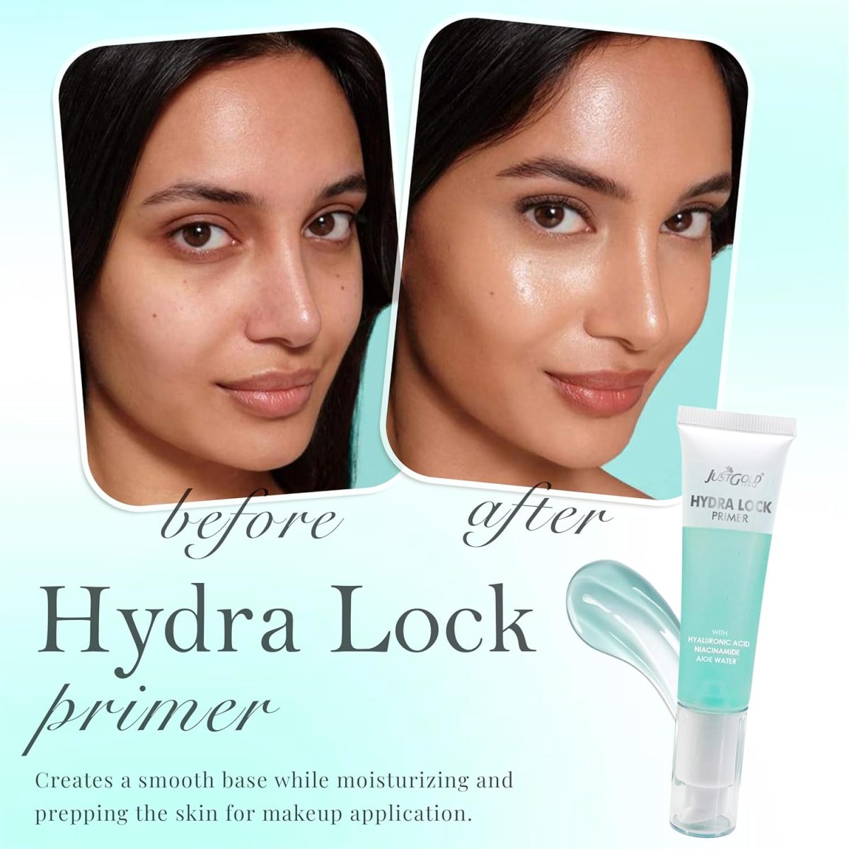 Justgold Hydra Lock Primer with Hyaluronic Acid, Niacinamide and Aloe Water, Gel-Based & Hydrating Face Primer, Skin & Brightens, Grips Makeup Primer - Image 5