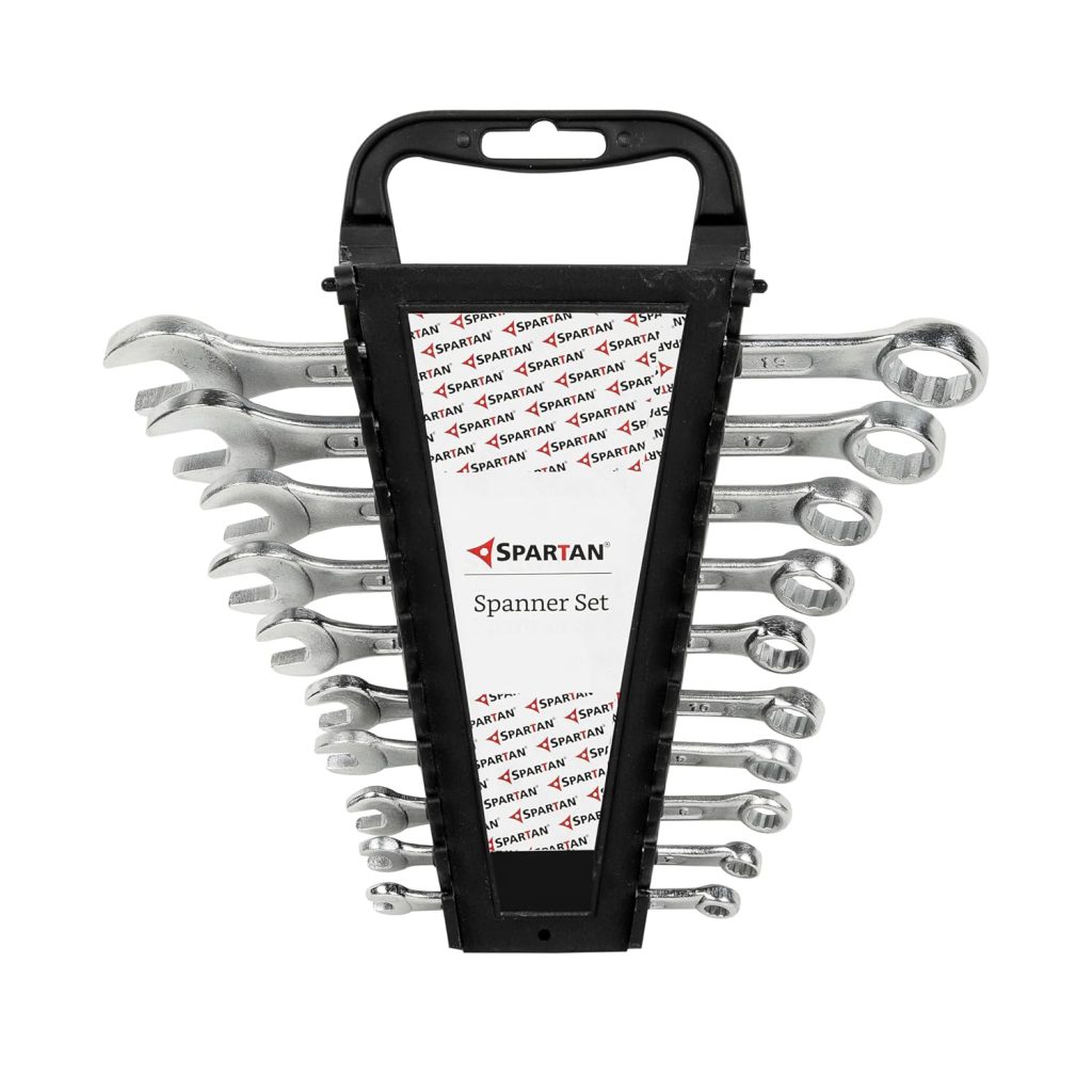 SPARTAN Carbon Steel Combination Spanner Set/Wrench Set/Tool Kit Multipurpose Home Use and Professional Spanners, Corrosion Resistant Chrome Plating Open Jaw and Ring Spanners (Silver, Set of 10)