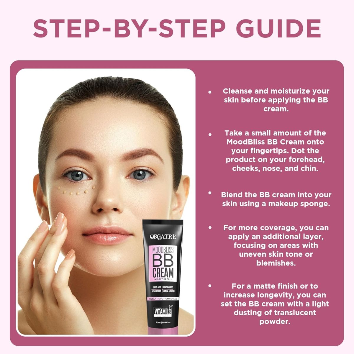 ORGATRE MoodBliss BB Cream 50gm | Instant Spot Coverage with SPF 30 PA++ | Light Makeup Glow for All Skin Types | Kojic Acid & Niacinamide - Image 7