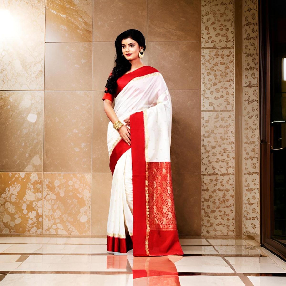 Traditional Bengali Gorod Sarees for Women Red and White Durga Puja Garad Silk Kanjivaram Goroder Lal Paar Sada Border Handloom Sari Latest Banarasi Soft lichi Handmade Zari Buti Sadi Blouse Piece - Image 5