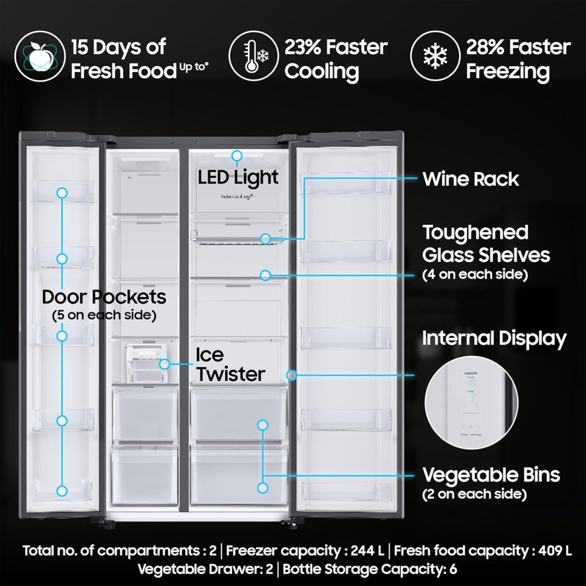 Samsung 653 L, 3 Star, Bespoke AI, Glass Door, Frost Free, Double Door, Convertible 5-in-1 Digital Inverter, Side By Side Smart Refrigerator with Auto Open Door (RS76CB81A3P0HL, Clean Pink) - Image 2