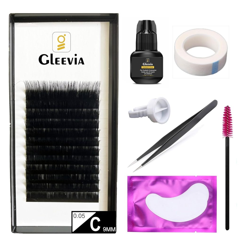 Gleevia EyeLash Extension Kit for Beginners, Professional Classic Stable Curl Practice Kit with Eye Lashes Glue and Accessories for Eyelash Extensions (Combo Pack) (0.05C9mm)