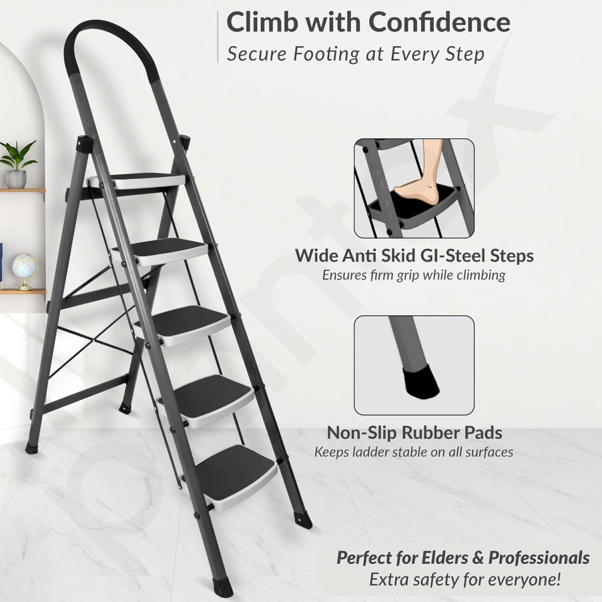 Plantex 5 Step Ladder - Foldable Steel -Wide Anti Skid Steps - 5 Year Manufacturer Warranty(Gray & White) - Image 2