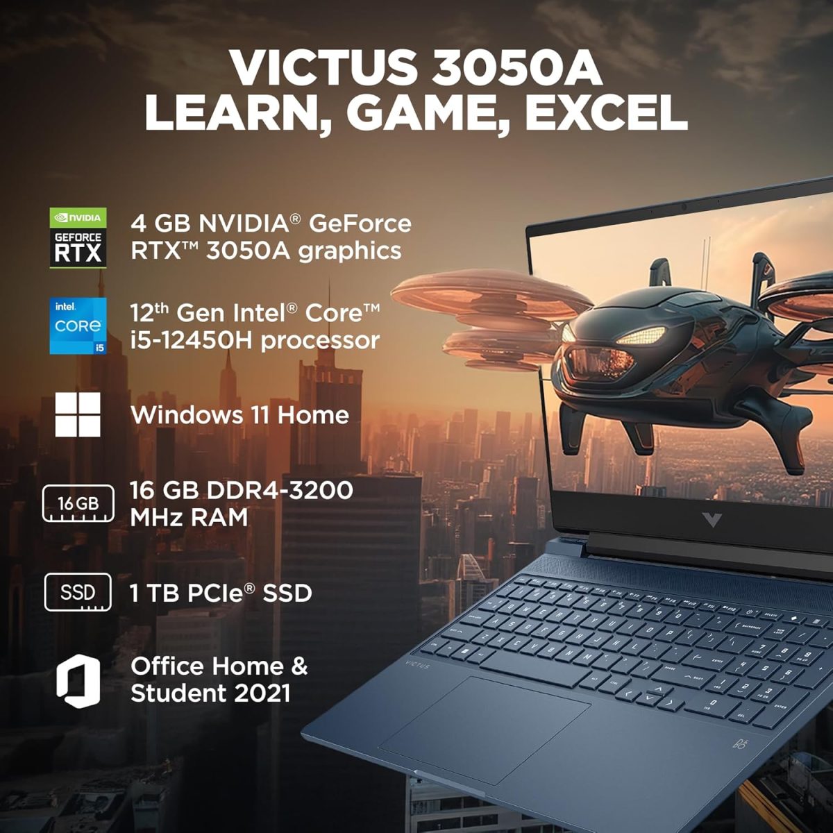 HP Victus, 12th Gen Intel Core i5-12450H, 4GB NVIDIA GeForce RTX 3050 Gaming Laptop (16GB RAM, 1TB SSD) 144Hz, IPS 15.6"/39.6cm, Win 11, MS Office 2021, Blue, 2.3Kg, Enhanced Cooling, fa1388TX - Image 3