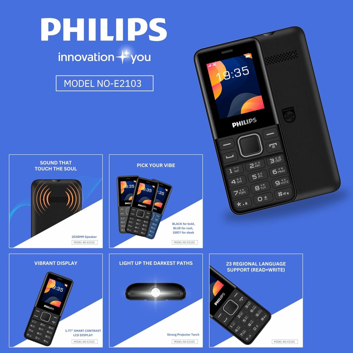Philips All-New E2103 Sleek & Stylish |Keypad Mobile with 1.77" Screen|1000 MAH Battery | 2030mm Speaker| Wireless FM | Bright Torch|Black - Image 7