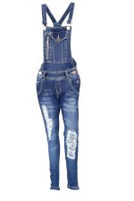Sunday Casual Solid Denim Stretchable Square Neck Full Length Blue Dungaree for Girls