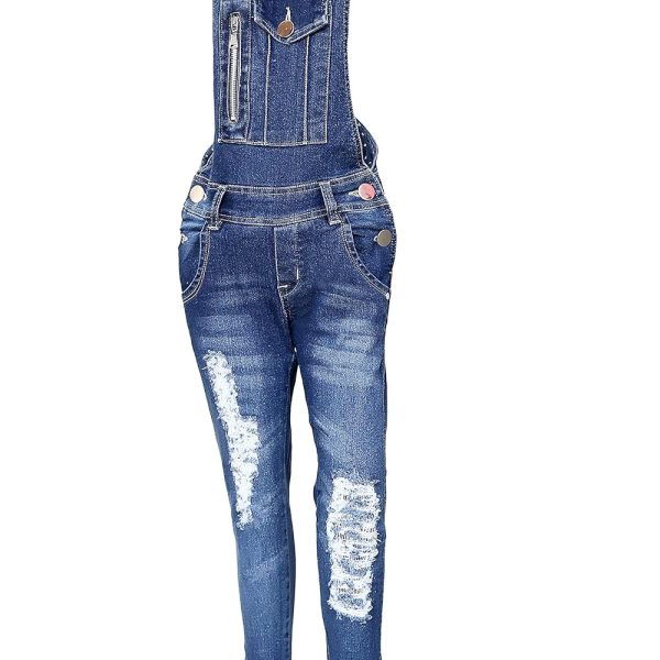 Sunday Casual Solid Denim Stretchable Square Neck Full Length Blue Dungaree for Girls