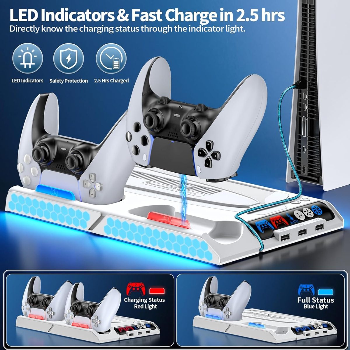 KDD PS5/PS5 Slim Stand with Auto Turbofan, 3-Level Cooling Fans, RGB Lights, Accessories for PS5 2023 Slim & 2020 Digital/Disc Consoles - Image 5