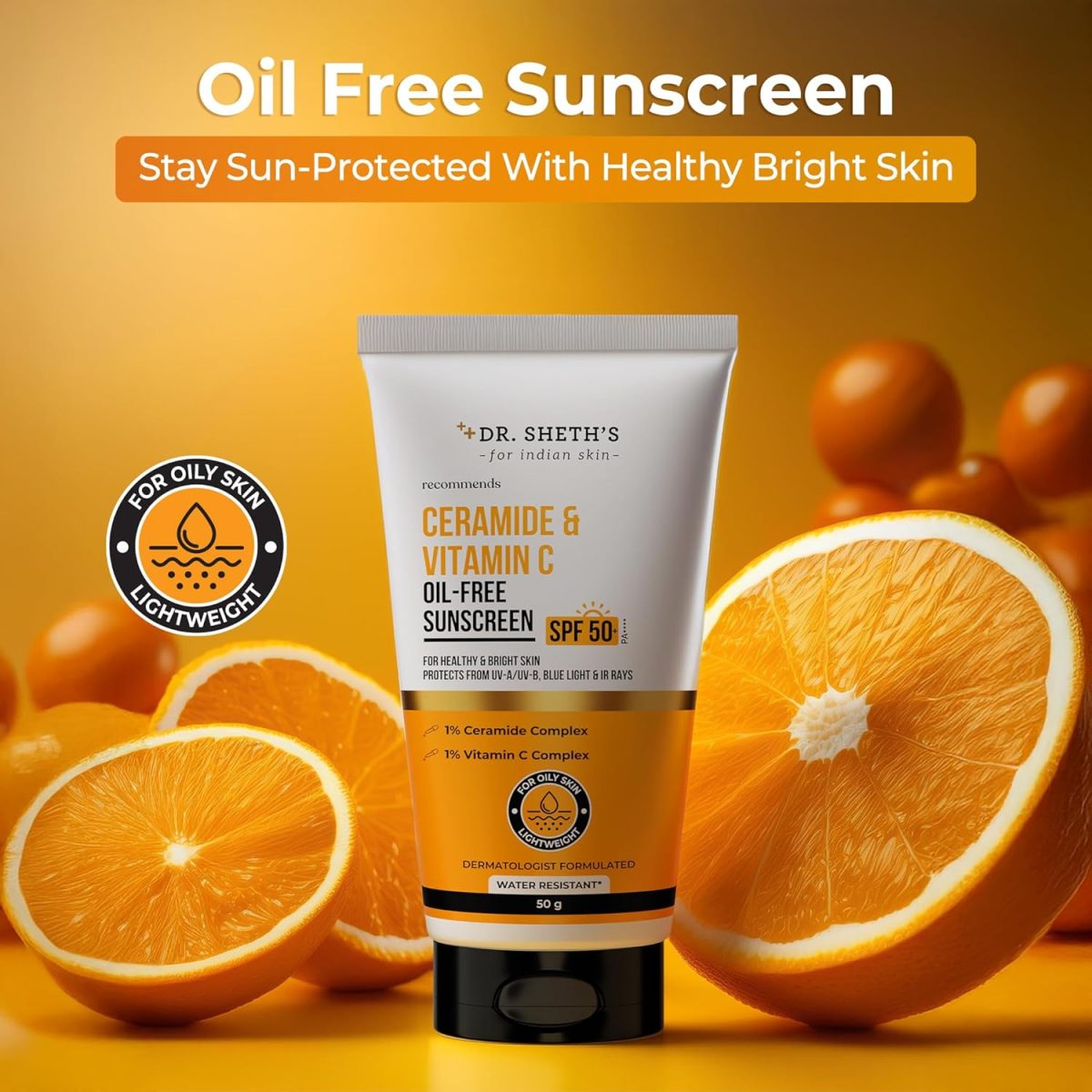 Dr. Sheth's Ceramide & Vitamin C Oil-Free Sunscreen SPF 50+ PA++++ | Clinically Tested- (In -Vivo) | For Healthy & Bright Skin | Lightweight & Non Greasy | For UVA/UVB & Blue Light & IR Protection | No white cast | For Oily Skin | For Men & Women | 50 g - Image 2