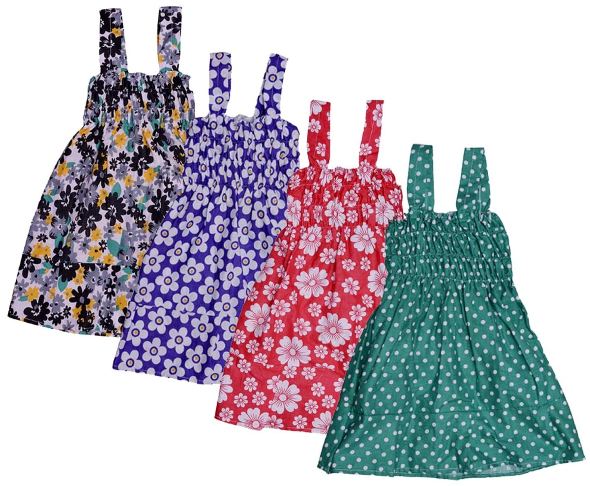 IndiWeaves Baby Girls Cotton Gathered Dresses (Green/red/Purple/Grey_6-12 Month) Pack of 4