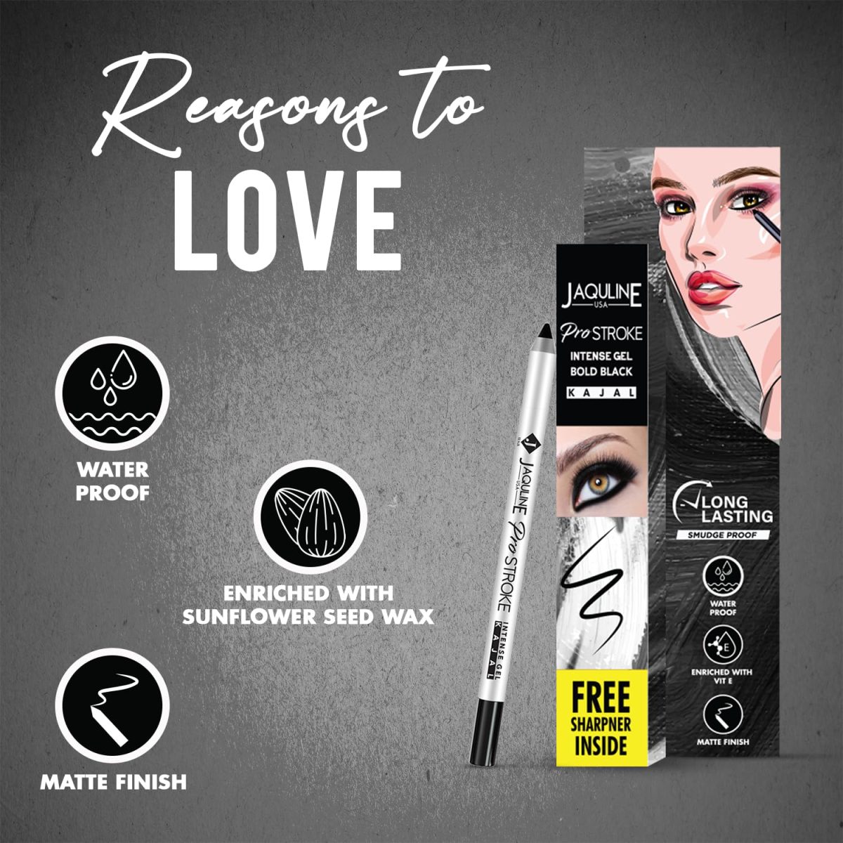 Jaquline USA Pro Stroke Intense Gel Matte Kajal And Sharpener 1.2Gm | Waterproof, Smudgeproof & Fadeproof | Longlasting | Super Black Kajal | With Free Sharpener | Nourished With Castor Oil - Image 3