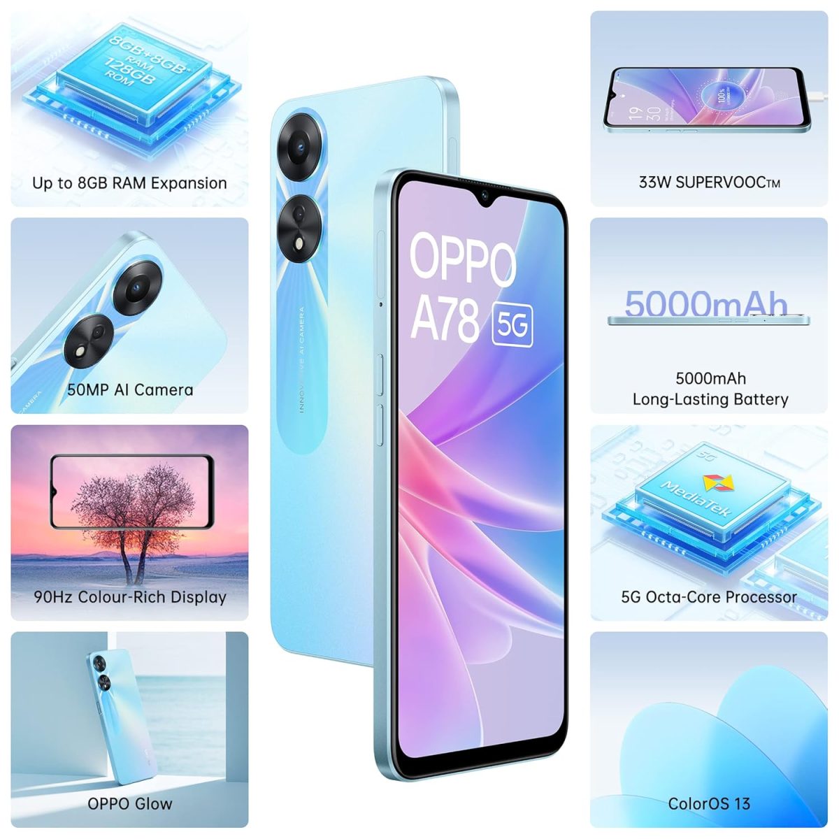 Oppo A78 5G (Glowing Blue, 8GB RAM, 128 Storage) | 5000 mAh Battery with 33W SUPERVOOC Charger| 50MP AI Camera | 90Hz Refresh Rate | with No Cost EMI/Additional Exchange Offers - Image 2