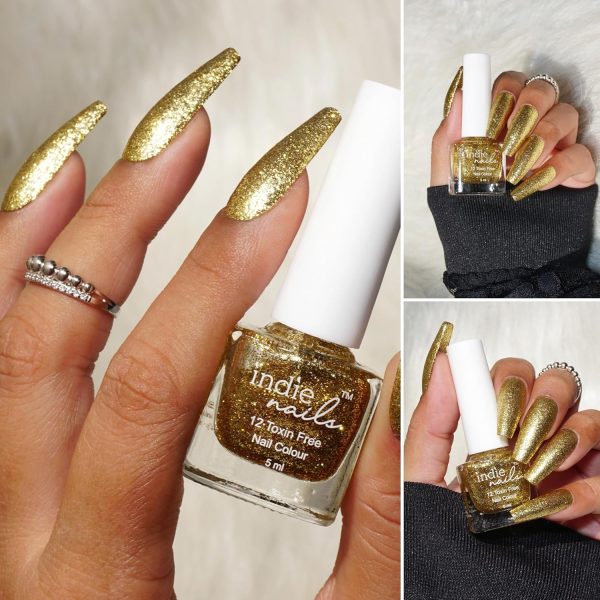 Indie Nails Nail Polish Bling Bling - Golden Glitter Long-Lasting, High-Shine Finish | Chip-Resistant & Quick-Drying Formula | Vegan & 12-Free Nail Paint For Women Professional-Quality Manicure 5ml