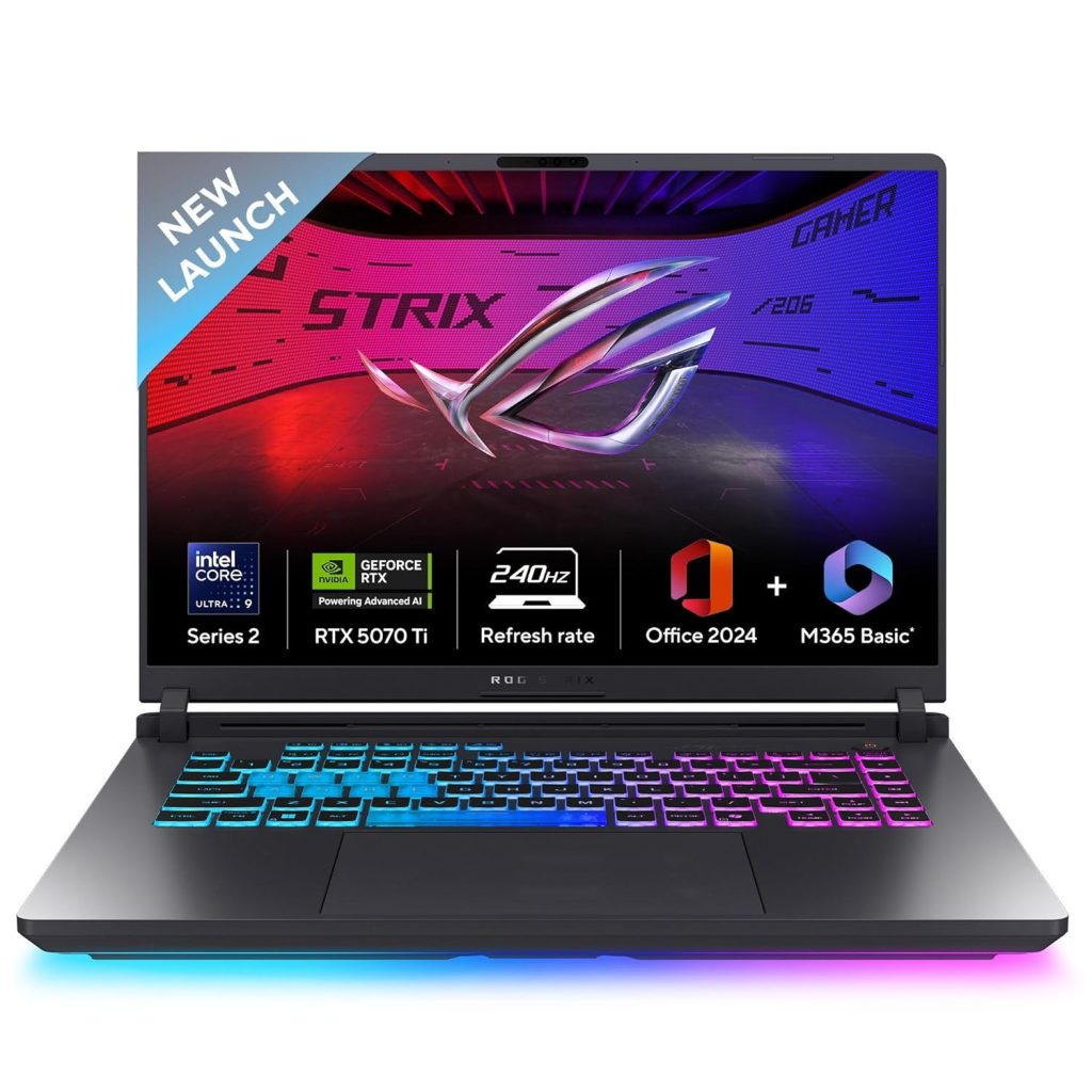 ASUS ROG Strix G16,Intel Core Ultra 9 275HX Gaming Laptop(RTX 5070-12GB/140W TGP/32GB/1TB/2.5K QHD+/16"/240Hz/Windows 11/M365 Basic (1Year)*/Office Home 2024/Eclipse Gray/2.65 Kg) G615LR-S5190WS