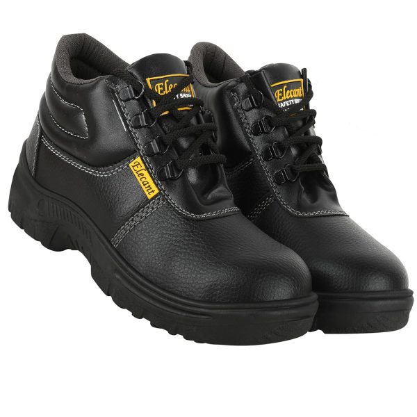 ELECANT Lace-up Steel Toe, PVC Sole and Rexine Upper Black Safety Shoes for Construction, Factory and Industrial Work||Safety Shoes for Men