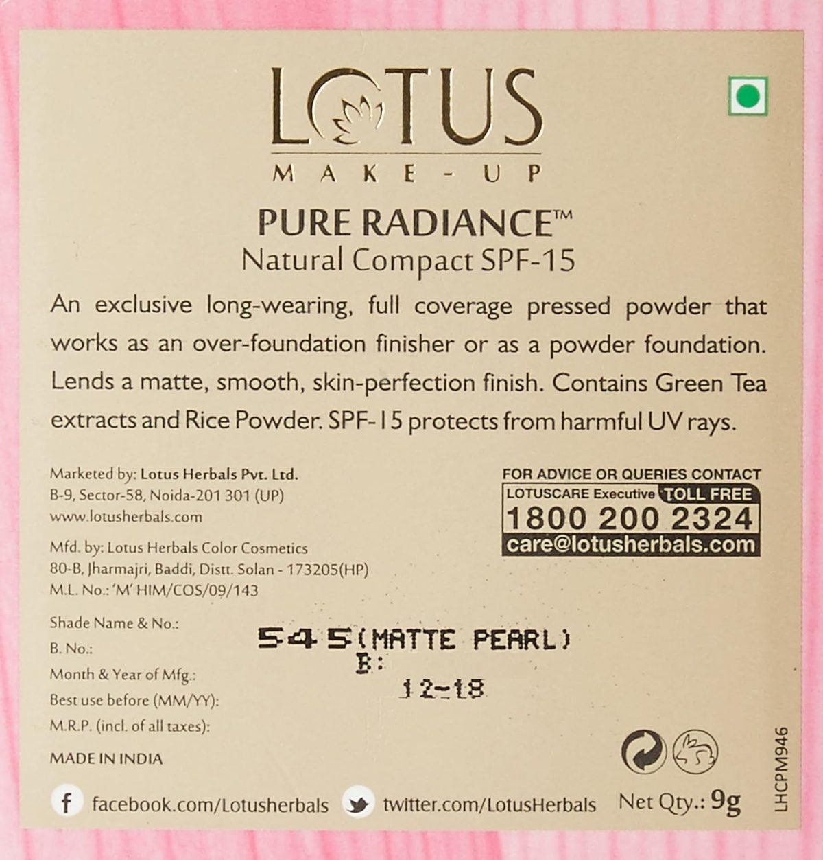 Lotus Makeup Pure Radiance Compact Matte Pearl | SPF 15 | Oil Control | Safe for Sensitive Skin | 9g - Image 3