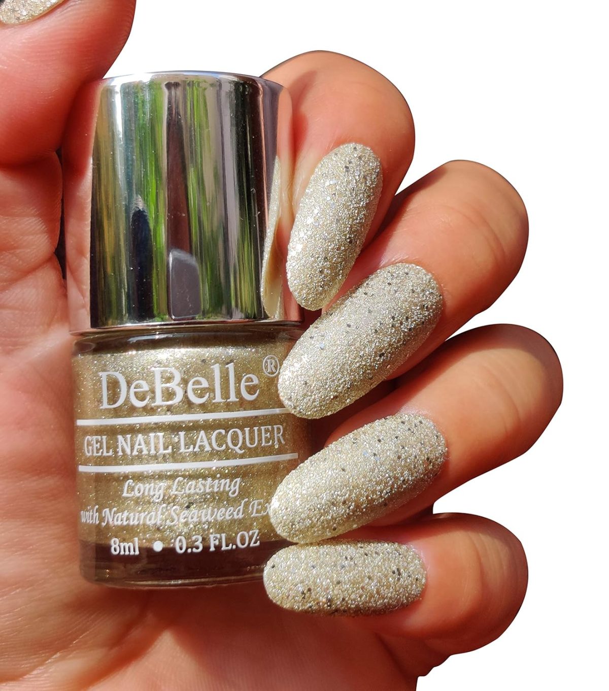 DeBelle Gel Nail Polish Sirius (Gold With Silver Glitter Sugar Finish Nail Paint)|Non UV - Gel Finish |Chip Resistant | Seaweed Enriched Formula| Long Lasting|Cruelty and Toxic Free| 8ml