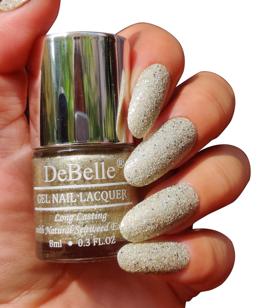 DeBelle Gel Nail Polish Sirius (Gold With Silver Glitter Sugar Finish Nail Paint)|Non UV - Gel Finish |Chip Resistant | Seaweed Enriched Formula| Long Lasting|Cruelty and Toxic Free| 8ml
