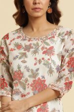 W for Woman Women's Cotton Relaxed Fit Casual Ecru Kota Kurta with Floral Print - Image 6