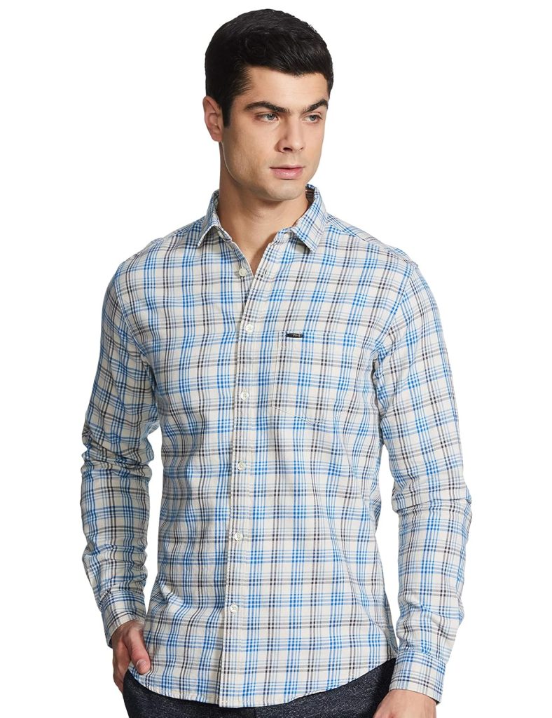 The Indian Garage Co Men's Cotton Slim Fit Checkered Full Sleeves Spread Collar Casual Shirt
