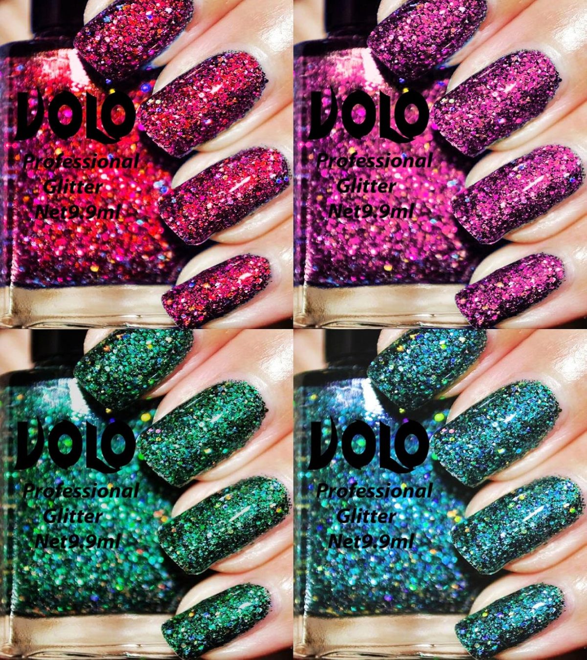 Volo Professionally Used Glitter Shine Nail Polish Combo Pack of 4(Magenta Glitter, Purple Glitter, Dark Green Glitter, Sky Blue Glitter) - Image 2