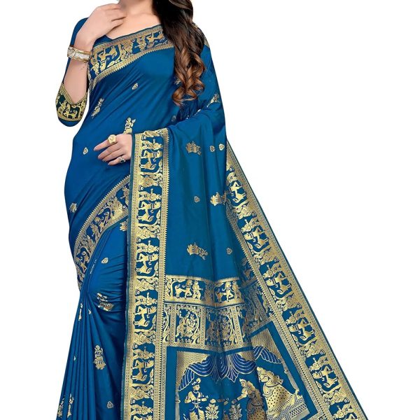 RATNAVALI Women's Bengal Baluchari Banarasi Silk Saree With blouse piece
