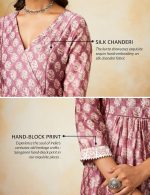 Amazon Brand - Myx Women's Silk Chanderi Handblock Printed Authentic Kurta Set with Dupatta (A-Line | Sanganeri Print) - Image 3