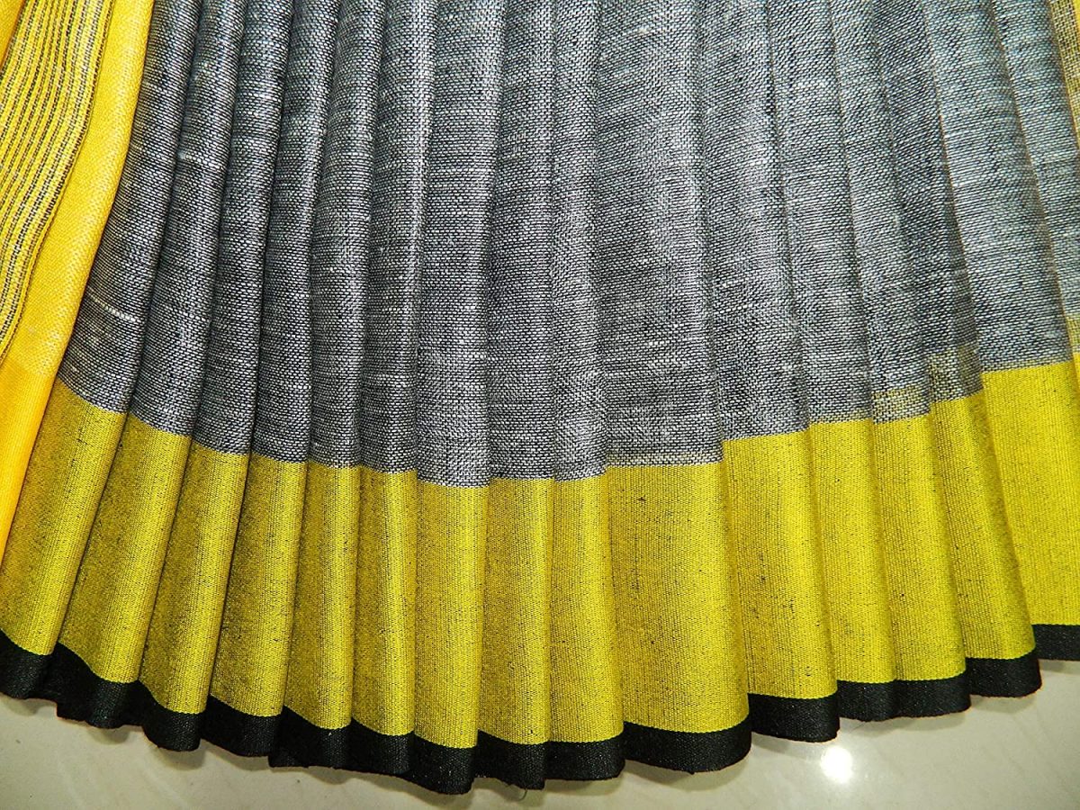 HAIDER ALI AND SONS Pure Linen Saree for Women With Unstitched Blouse Piece | Traditional Ethnic wear Summer Saree (Grey) - Image 3